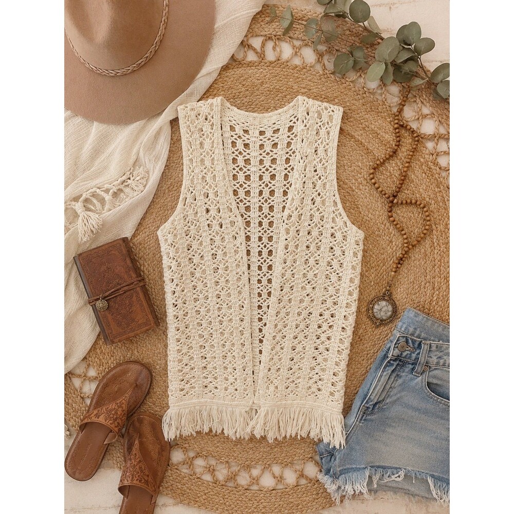 Boho Crochet Fringe Vest Cream Open Knit Sleeveless Festival Hippie Cardigan